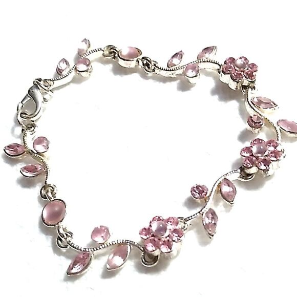 Dainty Pink Crystal Flower Vine Silver-tone Bracelet - Picture 3 of 12